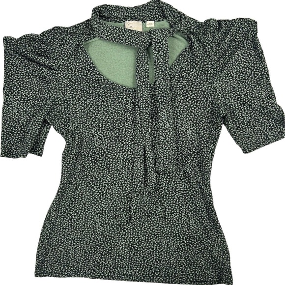 Postmark Antropologie Womens Floral Blouse Top Sz S Puffy Neck Tie Green - Picture 1 of 9